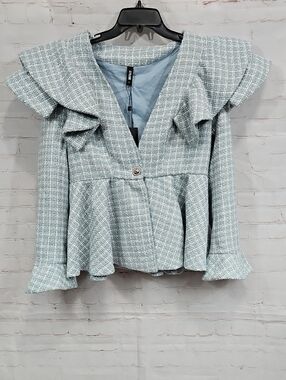 STYLEWE Pale Blue Tweed Ruffle Peplum Jacket